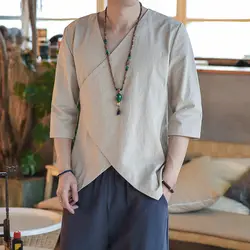 LFF 2018 Новый Arrivla Для мужчин мода лето китайский Стиль хлопок белье три четверти рукавом v-образным вырезом рубашки мужчины Повседневное Тан