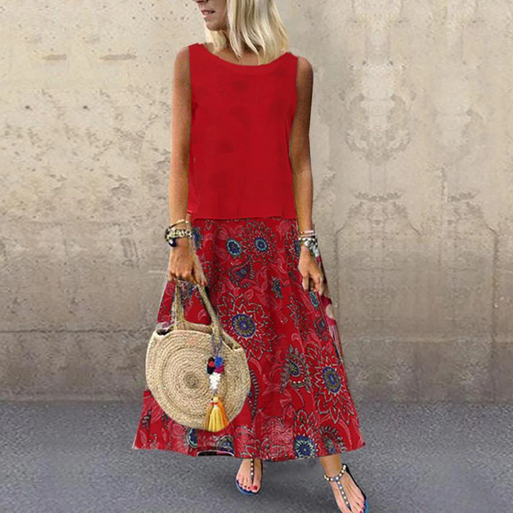 

Women Beach Floral Print Dress 2019 Summer Ladies Boho Chiffon Dress Casual Patchwork Sleeveless Long Dresses Vestidos Plue Size