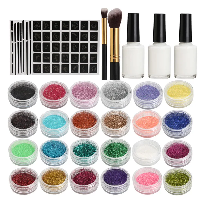 

Body Art Glitter Tattoo Kit 118 Pattern Stencils Powder Brush Glue Temporary Tattoos Tools YUF99
