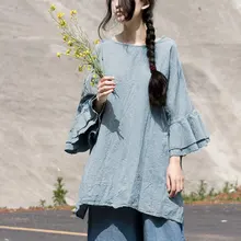 Сладкий свободные три четверти рюшами Flare рукавом Для женщин из хлопка и льна футболка, новые летние модные женские длинные синий хаки топ футболки