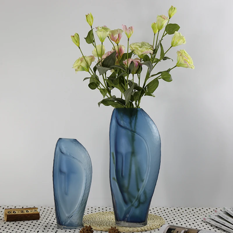 Blue beauty face terrarium colored glass vase for room decoration home