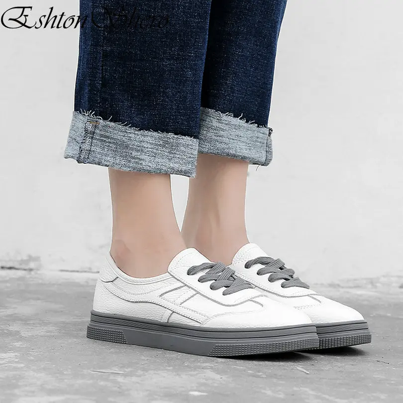 

EshtonShero Women's Flats Shoes Woman White Leather+PU Flat Heel Lace Up Round Toe Black Ladies Casual Shoes Size 34-40