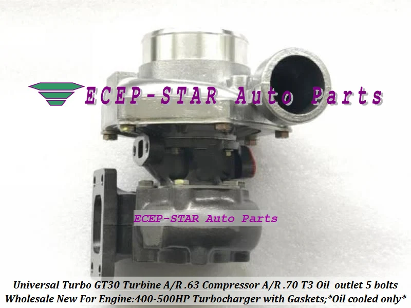 Universal Turbo Turbocharger GT30 Turbine AR .63 Compressor AR .70 T3 Oil cooled outlet 5 bolts 400HP-500HP Gaskets (3)