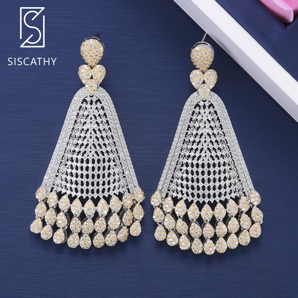 

38*73mm Fashion geometric earring Hollow Big Pendant Full Cubic Zirconia Pierced Dangle Earrings For Wedding Engagement