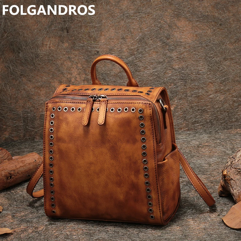 

FOLGANDROS Women Handbag Natural Genuine Leather Vintage Handmade Double Shoulder Messenger Bag Multifunction Square Back Pack