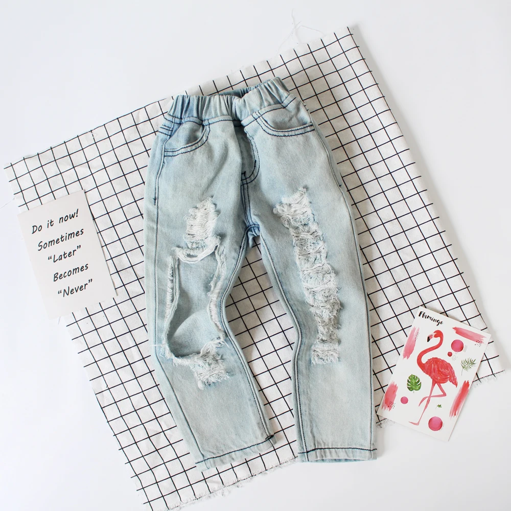 Sunbaby/Новые модные летние рваные голубые джинсы для девочек, детские обтягивающие джинсы с эластичной резинкой на талии для маленьких девочек