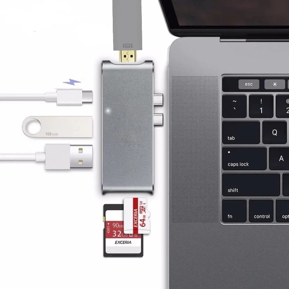 

New for Macbook Pro 15 Touch Bar 2 USB Type-C 3.0 Adapter to 4K HDMI +2 Ports USB 3.0 + SD / TF Card Reader + Charging Port