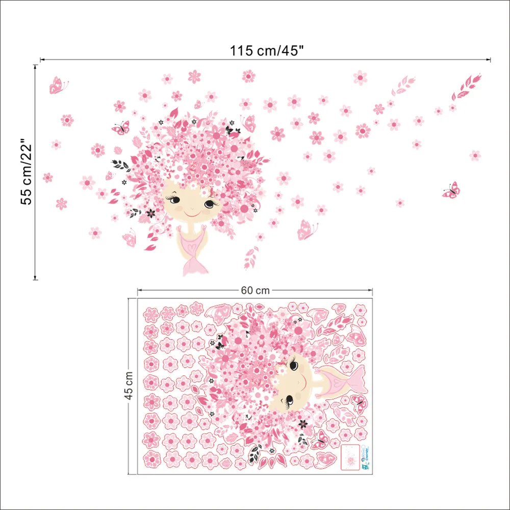 Цветок Фея розовый милый Девочка Русалка бабочка домашний Декор стены стикеры для девочек детская комната стены Искусство diy плакат