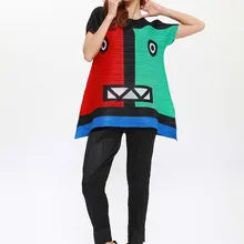 Miyake Мода ретро складные короткий рукав популярной расцветки Свободный футболки