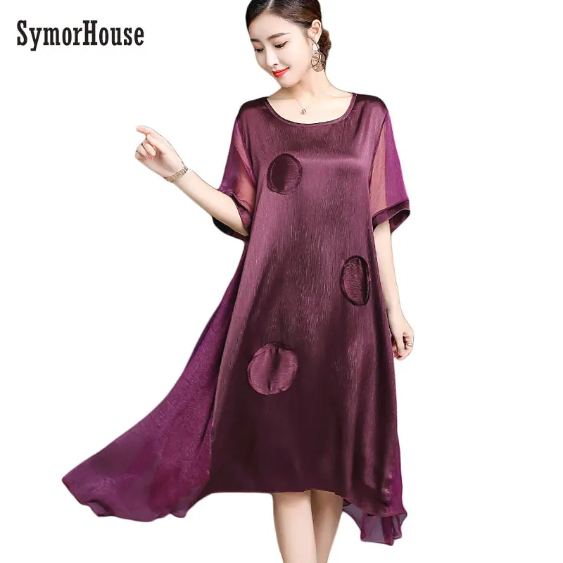 SymorHouse новое летнее Элегантное Шелковое красное платье, женское Новое дизайнерское платье с коротким рукавом и круглым воротником для офисных леди