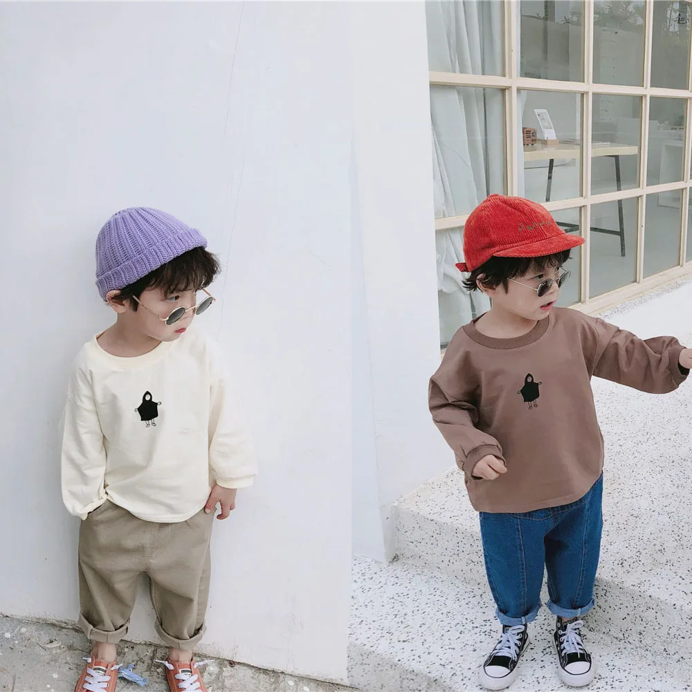

2019 Spring New Arrival korean style cotton pure color cartoon pattern all-match T-shirt for cute sweet baby girls and boys