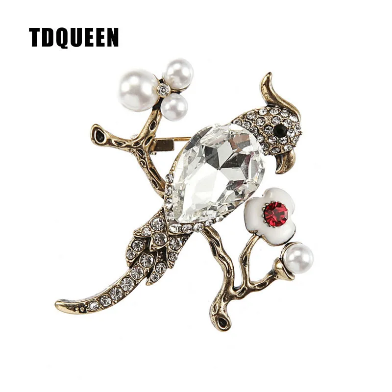 

Antique Gold Color Bird Brooches for Women Big Crystal Simulated Pearl Enamel Flower Vintage Brooch Pin