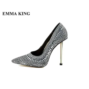 

EMMA KING Spring Autumn Slip On Rivets Embellished High Heels Pumps Shallow Pointed Toe Metal Heels Office Ladies Shoes Women