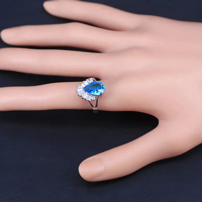 Красивый подарок для девушек, выпускной Небесно-Голубой Длинная водяная капля, 925 серебряные ювелирные наборы, длинные серьги, кольцо, подвески, кольца