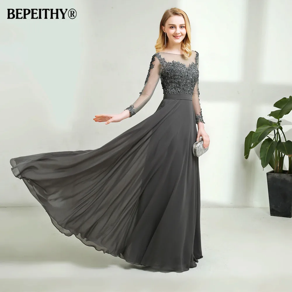 Vestido de festa, серое шифоновое длинное вечернее платье, сексуальное, с открытой спиной, с длинными рукавами, кружевное платье для выпускного вечера, Vestido Longo