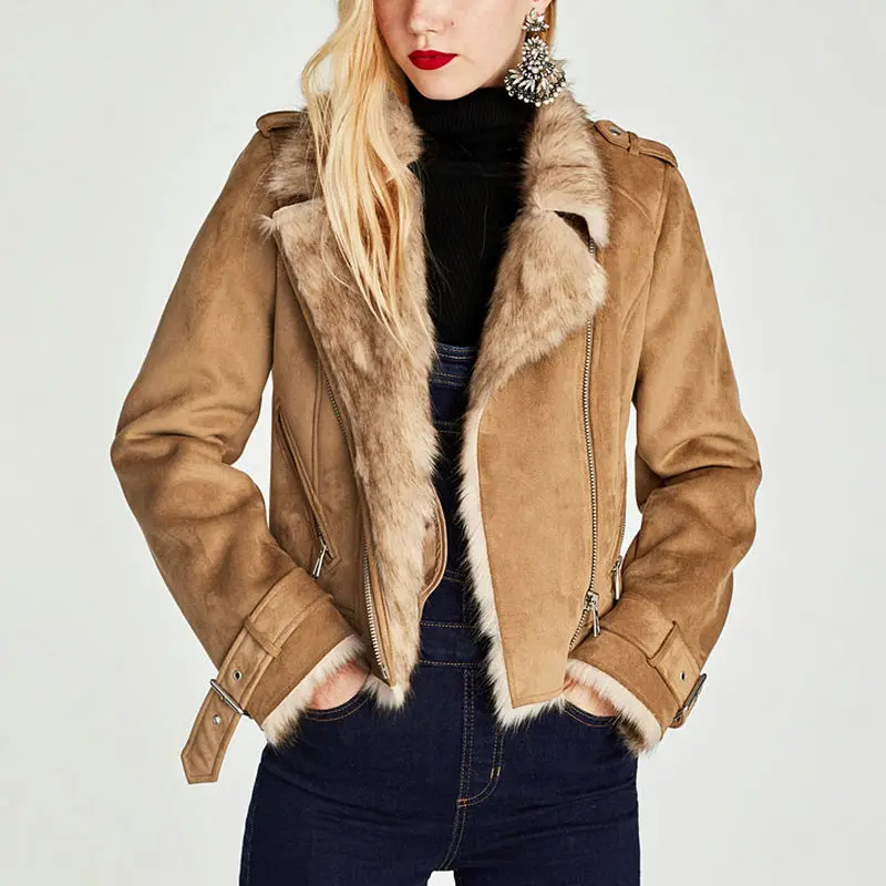 2018 New Fashion Women Winter Warm Faux Suede Fur Leather Jackets