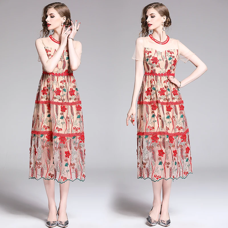 

ZP9133 Actual Shot-Spot New Style Mesh Cloth Stereo Embroidered Dress Short Sleeve Summer Dress 2019 New Style Retro Style