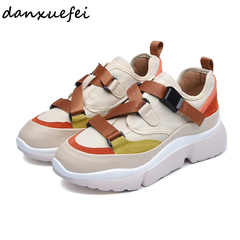 

Women's Genuine Suede Leather Patchwork Platform Flats Sneakers Brand Designer Plastic Buckle Leisure Comfort Espadrilles Shoes