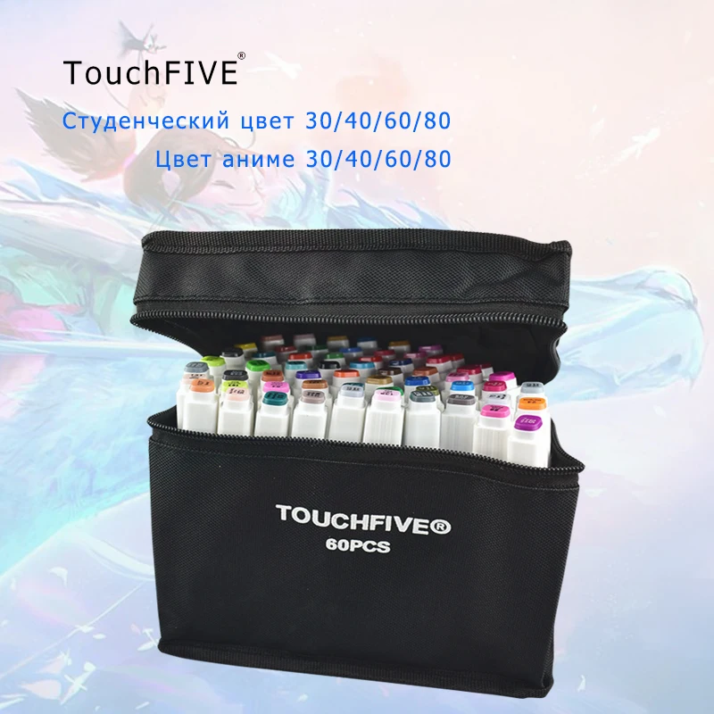 TouchFive маркеры Pen Set 40/60/80/168 Цвет анимации Эскиз Маркер Dual Head Рисование Искусство ручки-щетки на спиртовой основе с 6 подарки