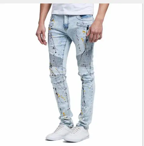 

Men Jeans 2018 New Autumn Hip-Hop Slim Fit Printing Full Length Denim Trousers Male Outwear Fashion Biker Mid Waist Pencil Pants
