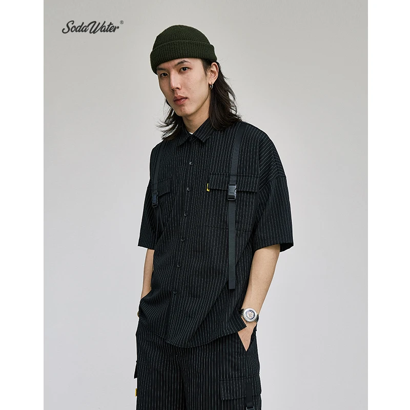 

SODAWATER Men Black Striped Shirt Fashion Loose Fit Short Sleeve Casual Shirts 2019 Summer Streetwear Men's Clothing Tops 9235S