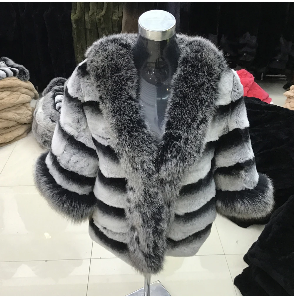 Discount Women Rex Rabbit Fur Coat Warm Soft Rex Rabbit Fur Jacket With Big Real Fox Fur Collar 100% Natural Real Rex Rabbit Fur Overcoat 1