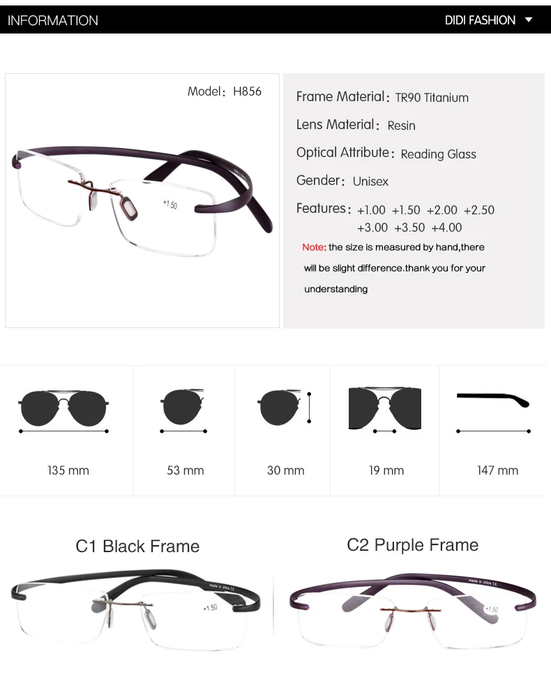 DIDI TR90, титановые очки для чтения, прямоугольные, без оправы, диоптрийные, очки для глаз, 1,0-4,0, оптическое видение, очки по старому рецепту, H856
