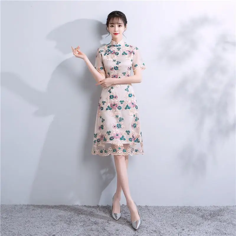 Традиционное китайское женское платье воротник стойка Мини Qipao вышивка цветочный элегантное для девочек Cheongsam Vestidos S M L XL XXL - Цвет: Style 7
