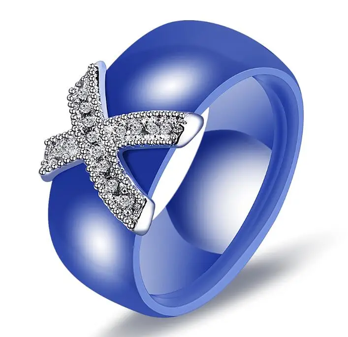 Модные ювелирные изделия Женское кольцо с AAA кристаллом 8 мм X Крест керамические кольца для женщин аксессуары для свадебной вечеринки подарок дизайн - Цвет основного камня: Синий