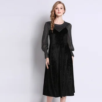 

2019 Spring Fashion ladies Gold Velvet long dress fake two A-line dress Plus size casual longos vestidos tunics L-5XL Large size