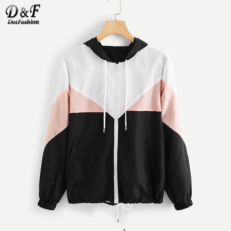 

Dotfashion Color Block Drawstring Hem Hooded Bomber Jacket Female Casual 2019 Autumn Clothing Spring Zipper Multicolor Outerwear