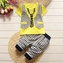 New boys fake vest tie t shirts plaid pants 2pcs set fashion summer gentleman clothes suit kids cotton party outwear 17A801