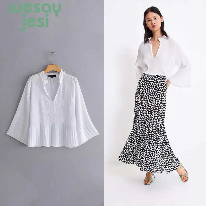 

Elegant Womens tops and blouses summer 2019 fashion white fold long sleeve v-neck sexy top female Vintage blouse