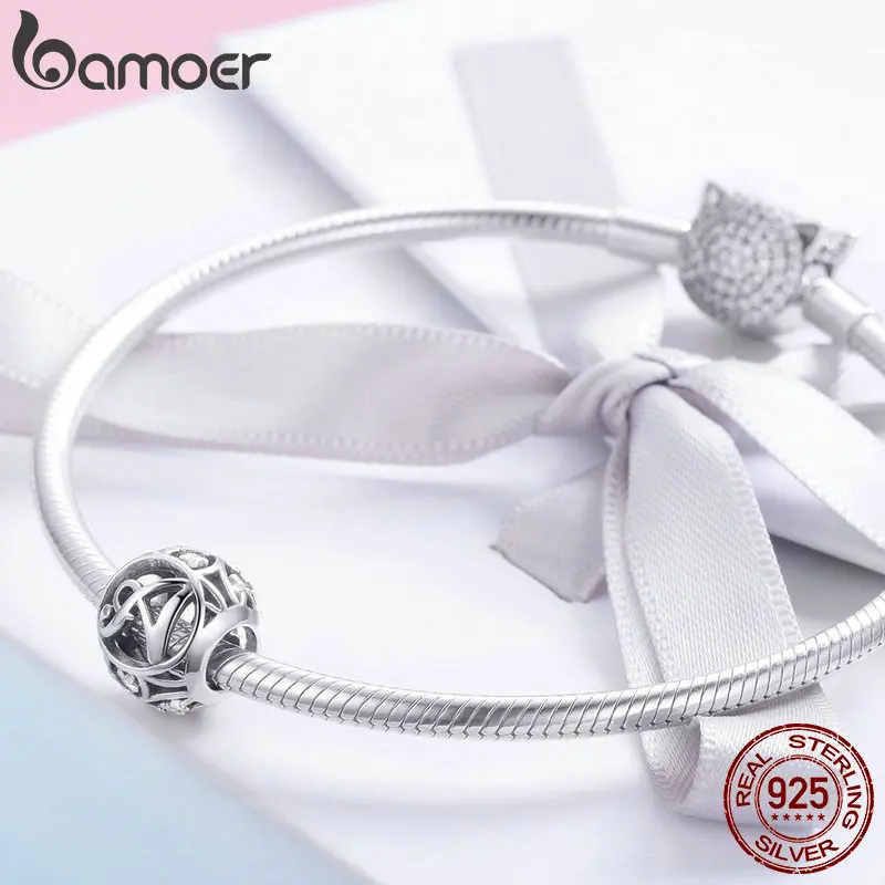 BAMOER Authentic 925 Sterling Silver Vintage A to T, Clear CZ Alphabet Letter Beads Fit Charm Bracelets DIY Jewelry SCC738