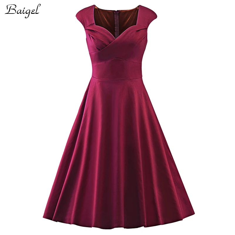 Womens Sexy V-Neck Summer Vintage Dress 50s 60s Retro Pinup Rockabilly Swing Burgundy  Ball Gown Wedding Party Dresses