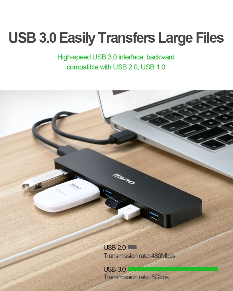 Llano USB разветвитель 7 со шнуром питания концентратор 4-портовый USB3.0 многопортовое «высокоскоростной расширения ноутбук конвертер металлическими вставками, цвета: черный