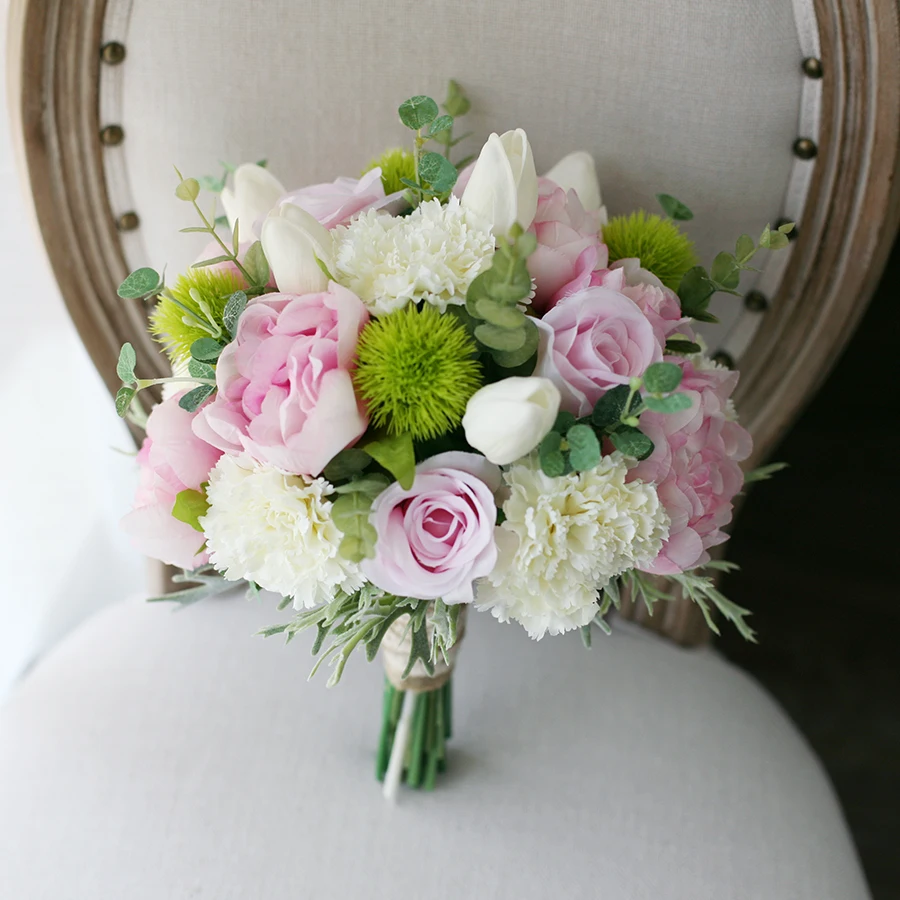 

pink rose white tulip carnation bouquet artificial floral bouquet home wedding decoration