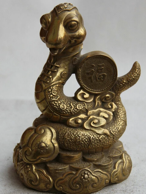 

6" Chinese Folk Brass Zodic Year Snake Wealth Coin Money Ru Yi Statue Sculpture S0706 B0403