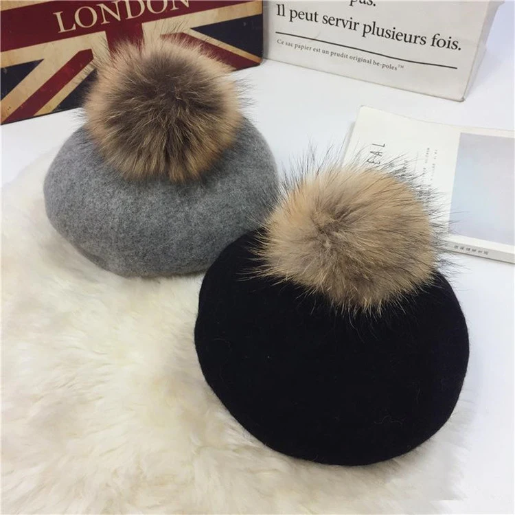 2018 Hat Female Autumn And Winter New Woolen Beret Raccoon Hair Ball Painter Hat Wild Fashion Cap For Women ACI102 (6)