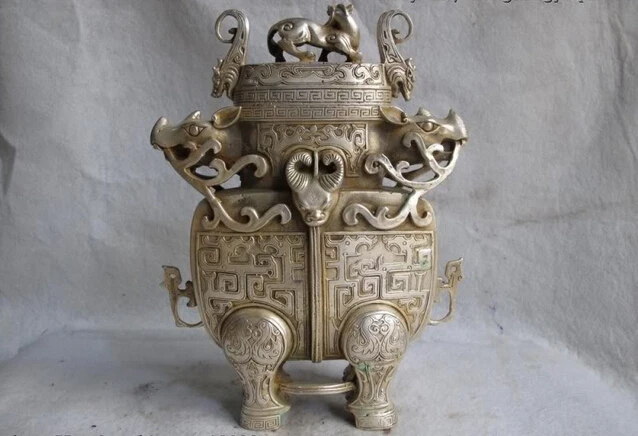 

Collectible bronze lion statue S0415 China White Copper Silver Royal Palace OX Bull Zun beast veins bottle Vase Pot (B0413)