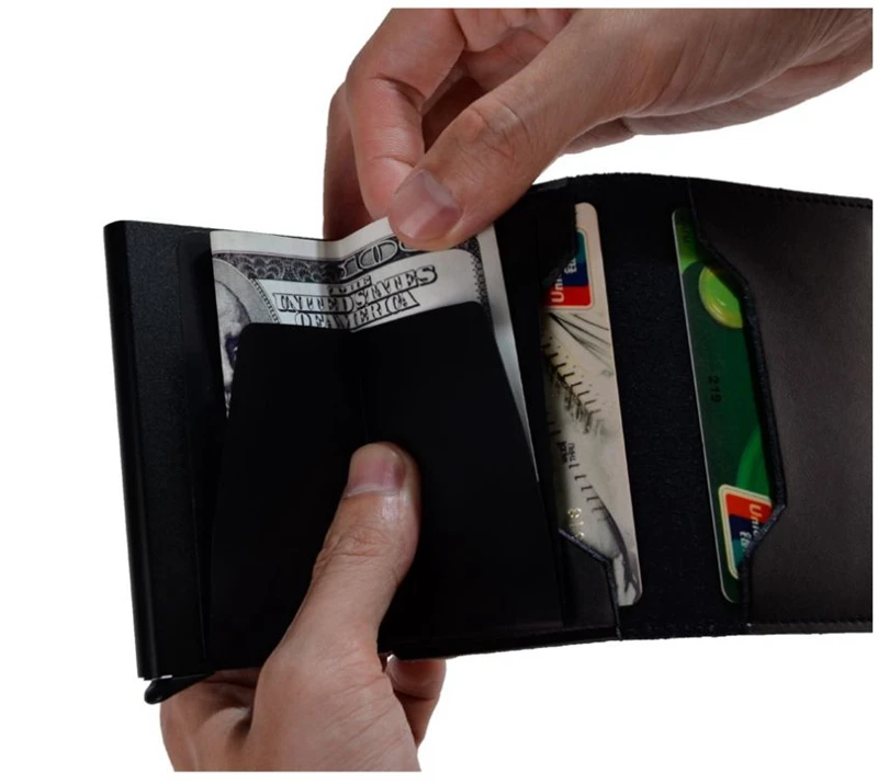 RFID Блокировка из натуральной кожи держатель для кредитных карт Алюминиевый металлический бизнес ID Slim тонкий чехол для карт мини кошелек для мужчин