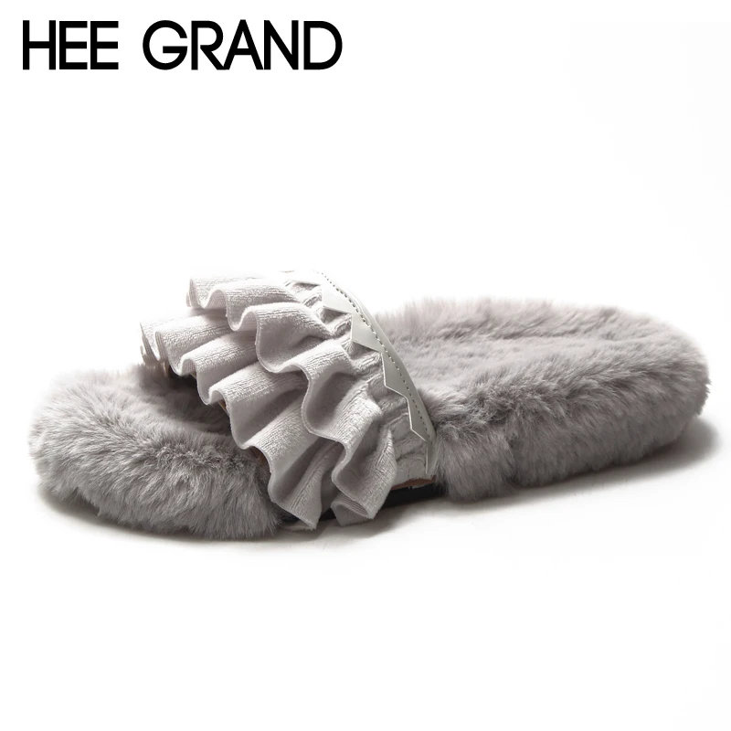 HEE GRAND/меховые шлепанцы с оборками обувь на платформе женские зимние толстой