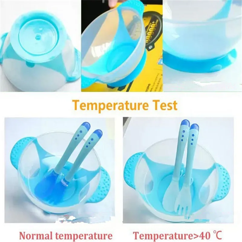 Набор из 3 предметов, обучающая посуда для малышей с присоской, миска для еды, ложка для измерения температуры, детская посуда, детская посуда, ложка+ вилка
