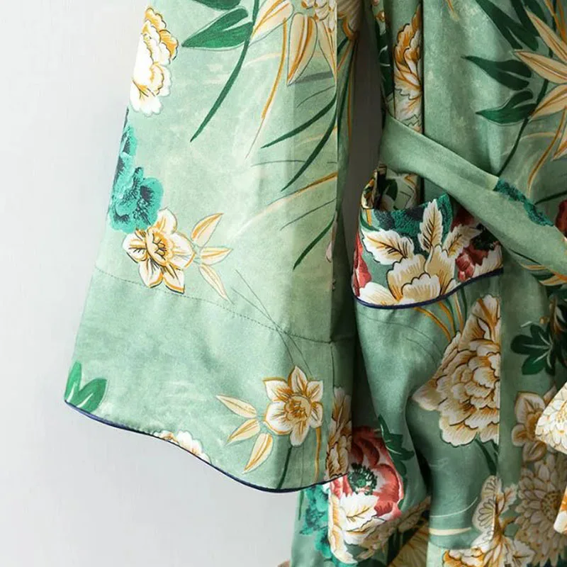 X192 для женщин Винтаж цветочный принт зеленый цвет длинный дизайн куртка кимоно верхняя одежда дамы летние двойные карманы с поясом куртки Топ