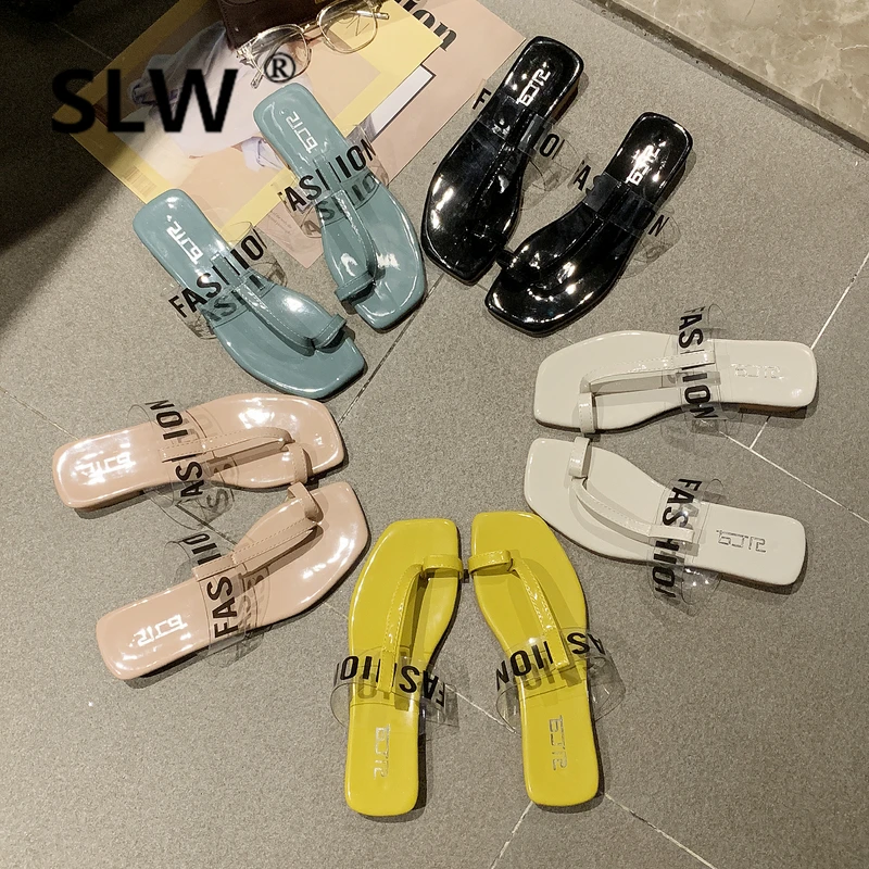 

Women's Slippers 2019 Thin Heels Low Shoes Slides Square heel New Flat Sliders Transparent Fretwork Soft Fur Rubber