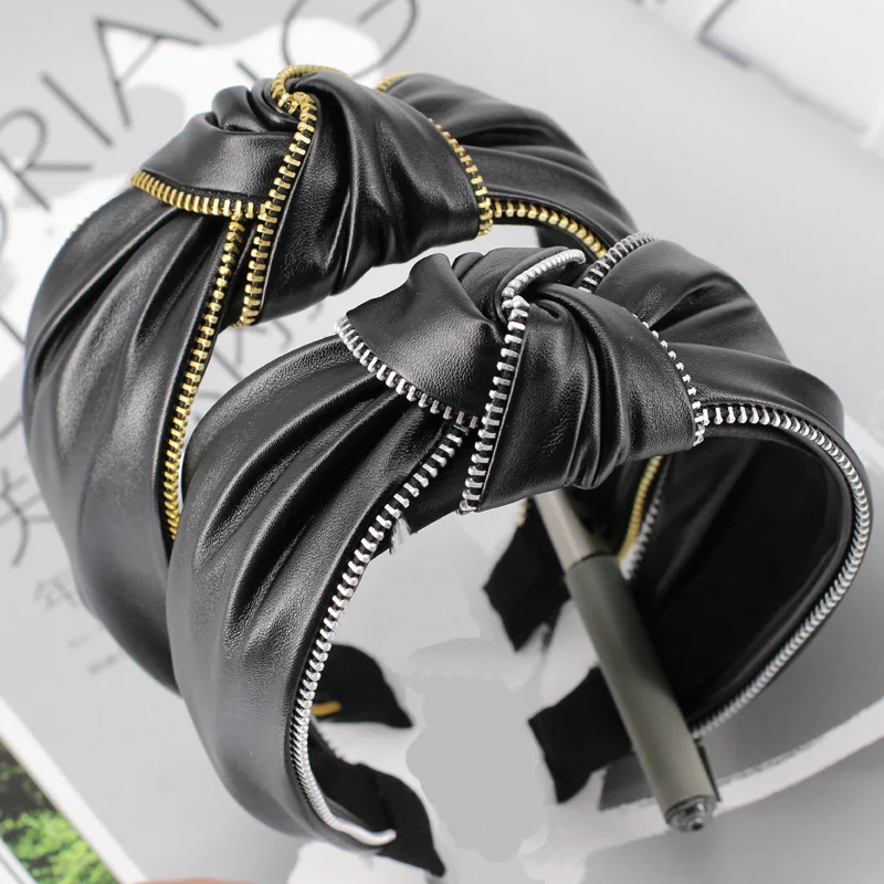 

Haimeikang Fashion Black Leather Zipper Hairband For Women Knot Headband Hair Accessories Knot Hair Bands Head Wrap
