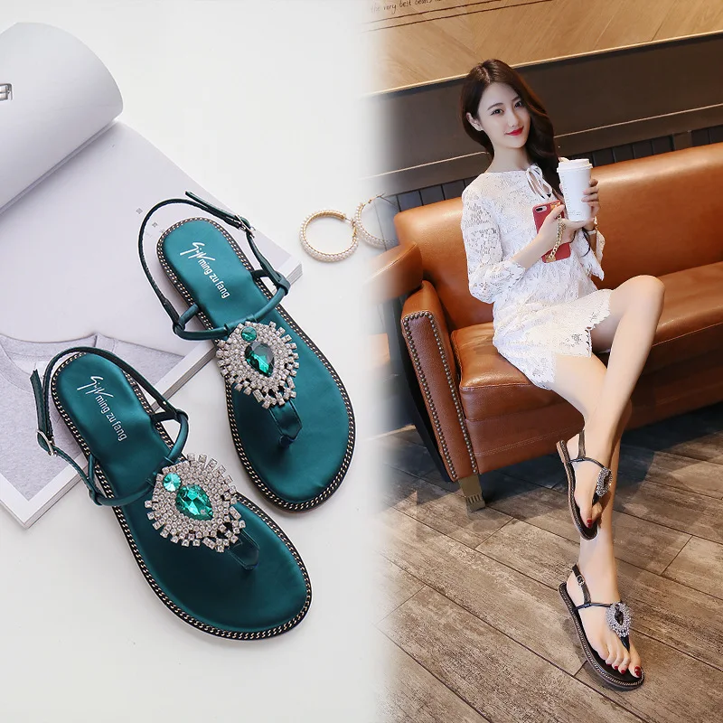 

Sandals Woman Flat Bottom Toe Rhinestone Buckle Woman Sandals