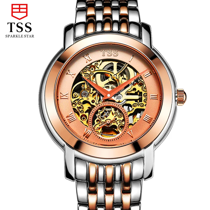 TSS T8016 mecaniques ajourees الهيكل العظمي الساعات الرجال الفاخرة العلامة التجارية 2017 موضة الجوف التلقائي الميكانيكية ووتش الياقوت