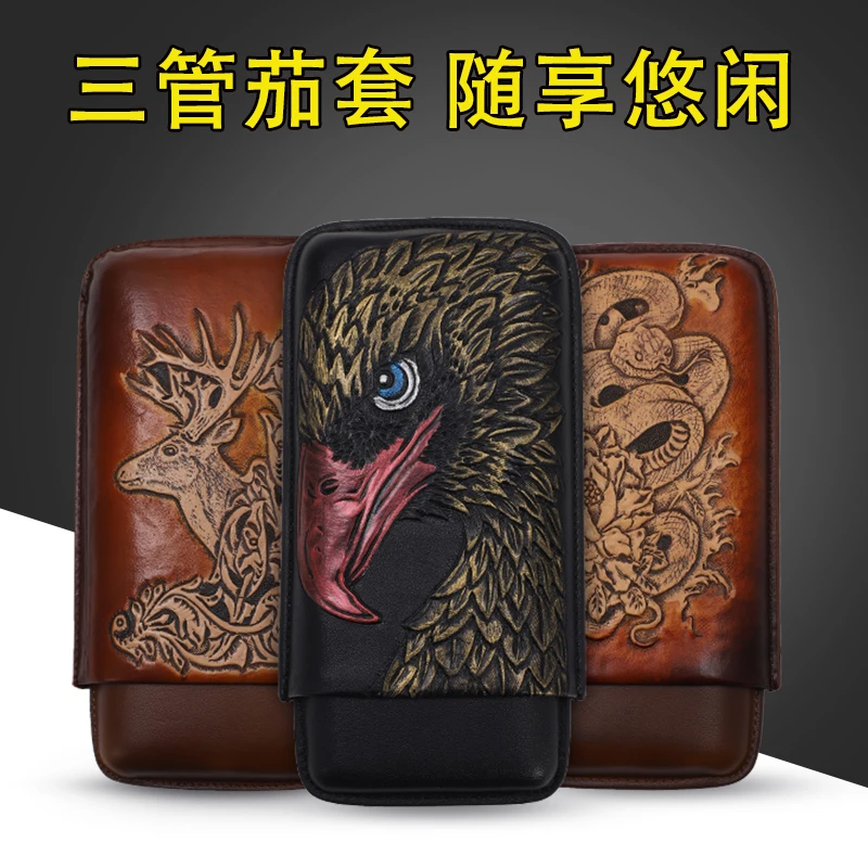 

LUBINSKI Portable Travel Soft Leather Animal Style Cigar Case Holder 3 Cigars Humidor with Gift Box