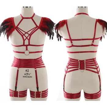 

Strappy Bra Harness Feathers Shoulder Epaulettes Fashion Waist Leg Garter Belts Harajuku Punk Lingerie Set Plus Size Dance Rave